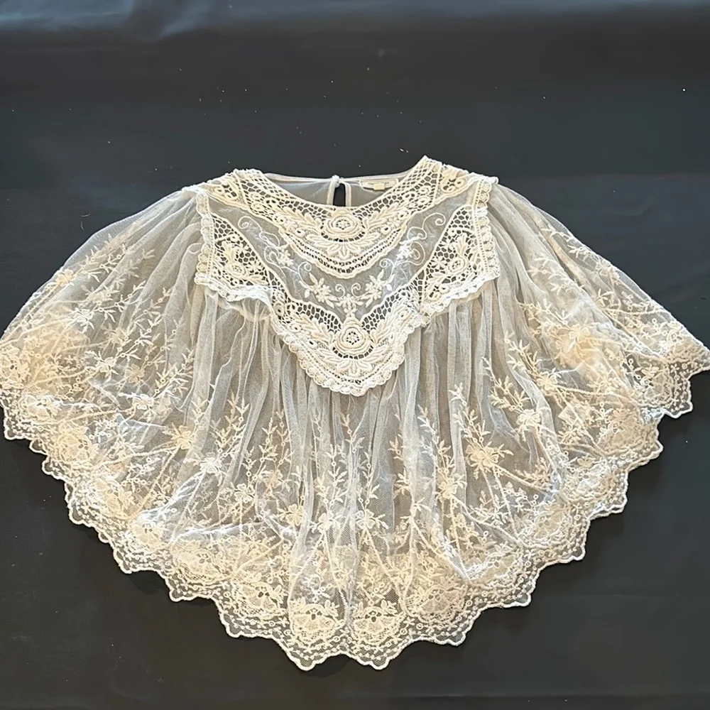 Cherry Pink Cream Lace Embroidered Pancho Style Sheer Blouse - Picture 8 of 8